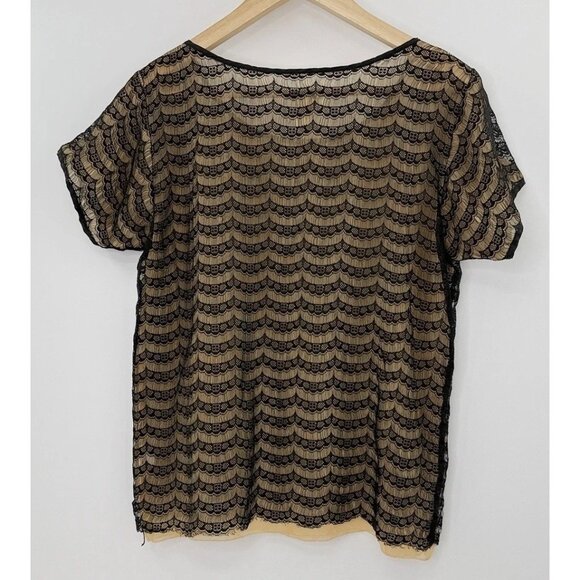 J.Crew Factory Black & Beige‎ Lace Overlay Blouse Short Sleeve Shirt Nylon Sz Sm - Picture 2 of 9